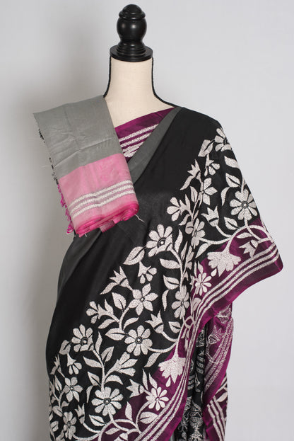 Neha : Black and Gray Hand Embroidered Kantha Stitch Semi Silk Saree image 2