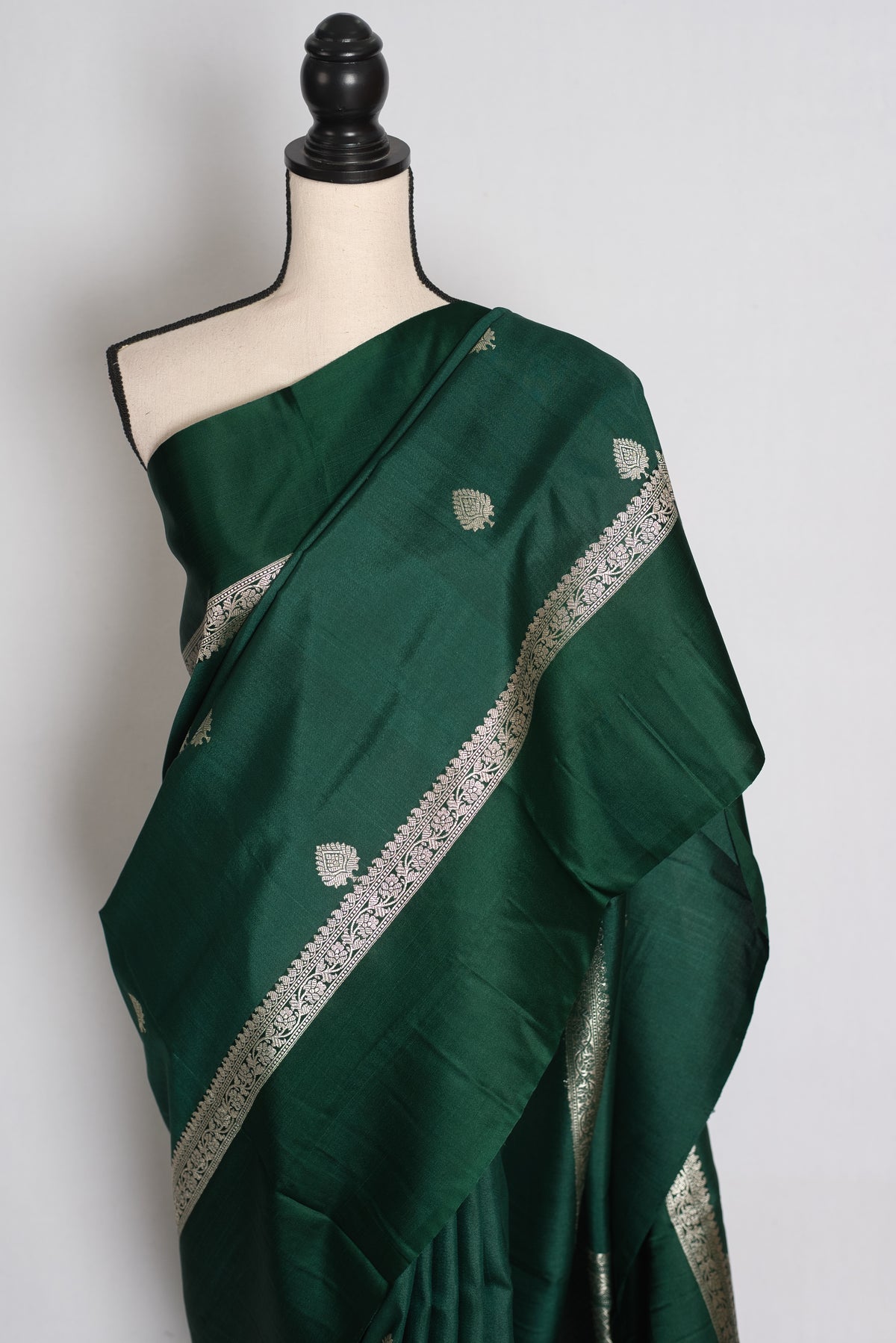Protha : Bottle Green Tussar Silk Banarasi Saree with 36 Size Blouse image 4