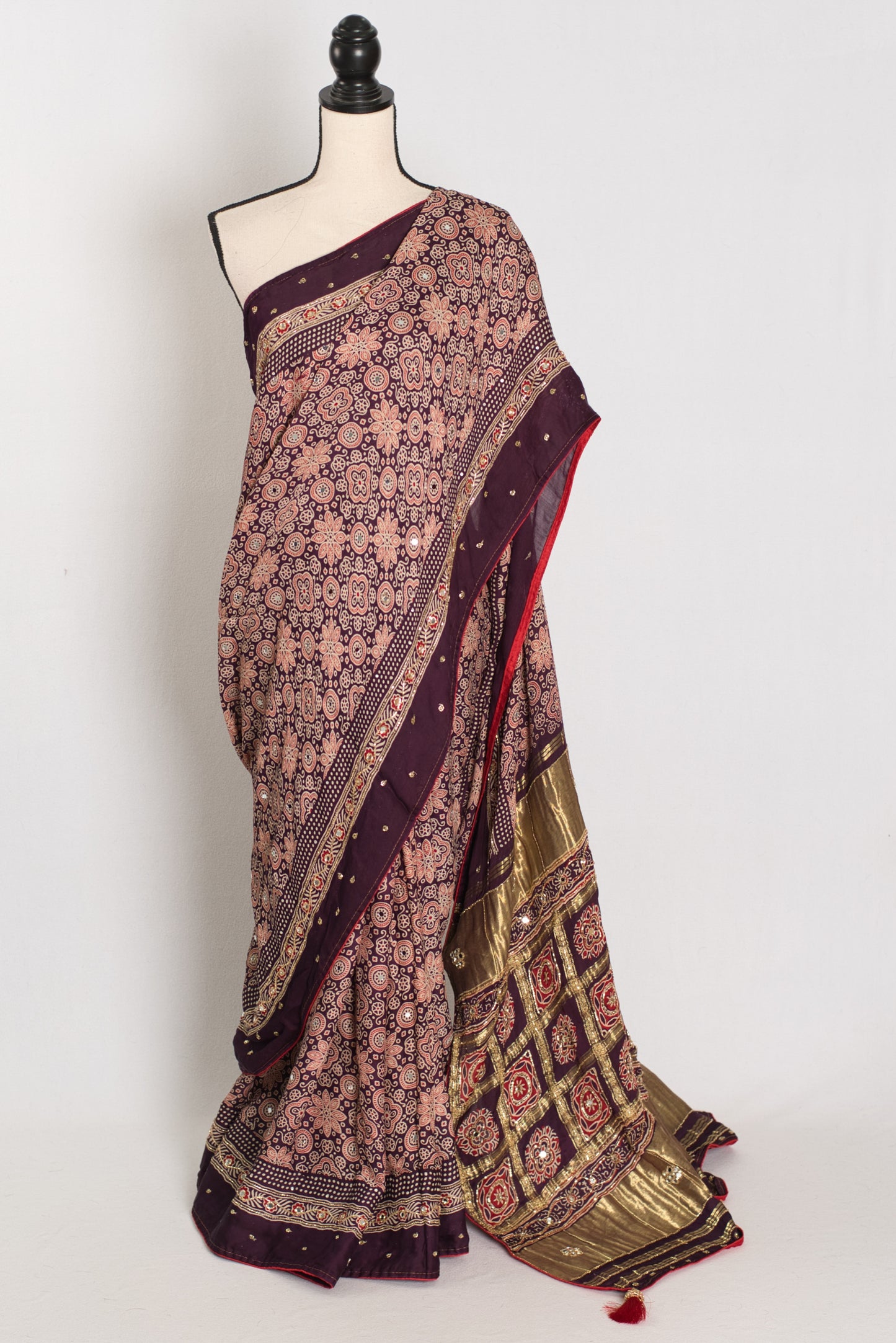 Sarah: Deep Purple Ajrakh Modal Silk Saree | Mirror & Cut Dana Work image 0