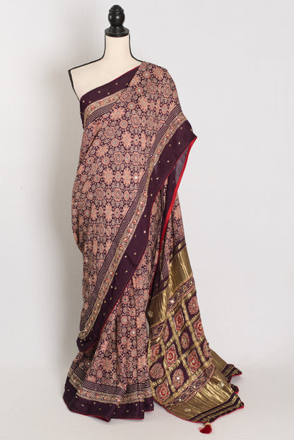 Sarah: Deep Purple Ajrakh Modal Silk Saree | Mirror & Cut Dana Work image 0
