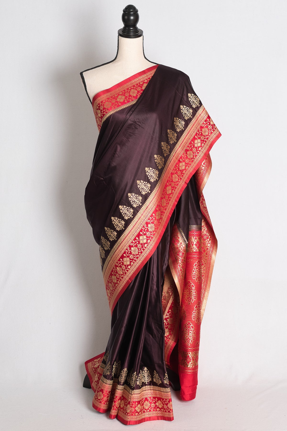Neha: Coffee Brown and Red Semi Mashru Valkalam Banarasi Saree image 0
