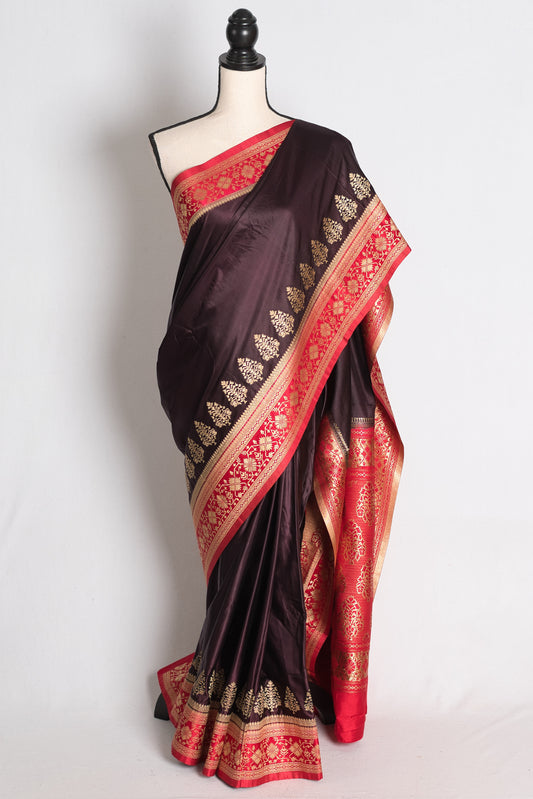 Neha: Coffee Brown and Red Semi Mashru Valkalam Banarasi Saree image 0