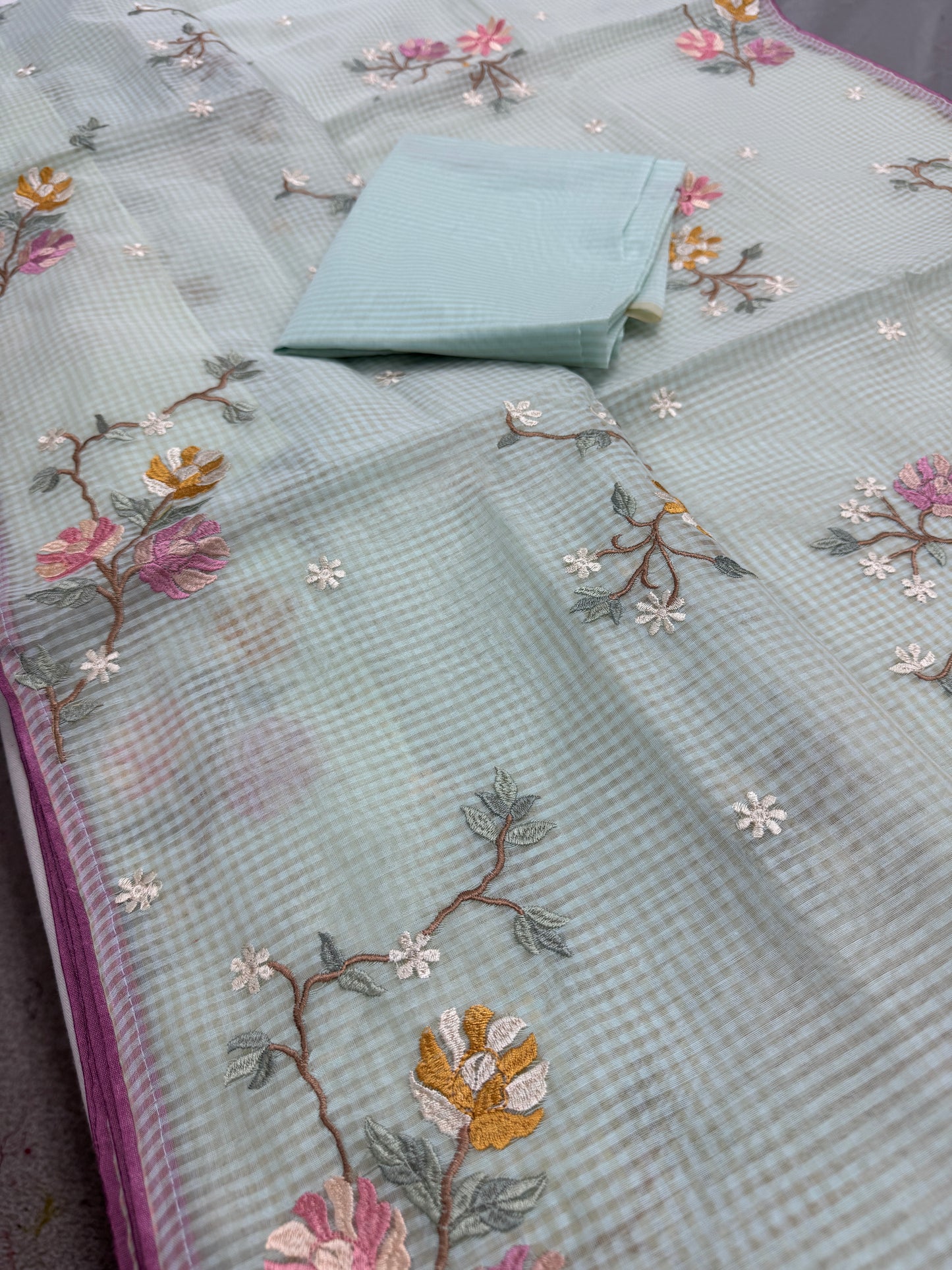 Damini | Sea Green Floral Embroidery Blended Cotton Kota Saree image 2