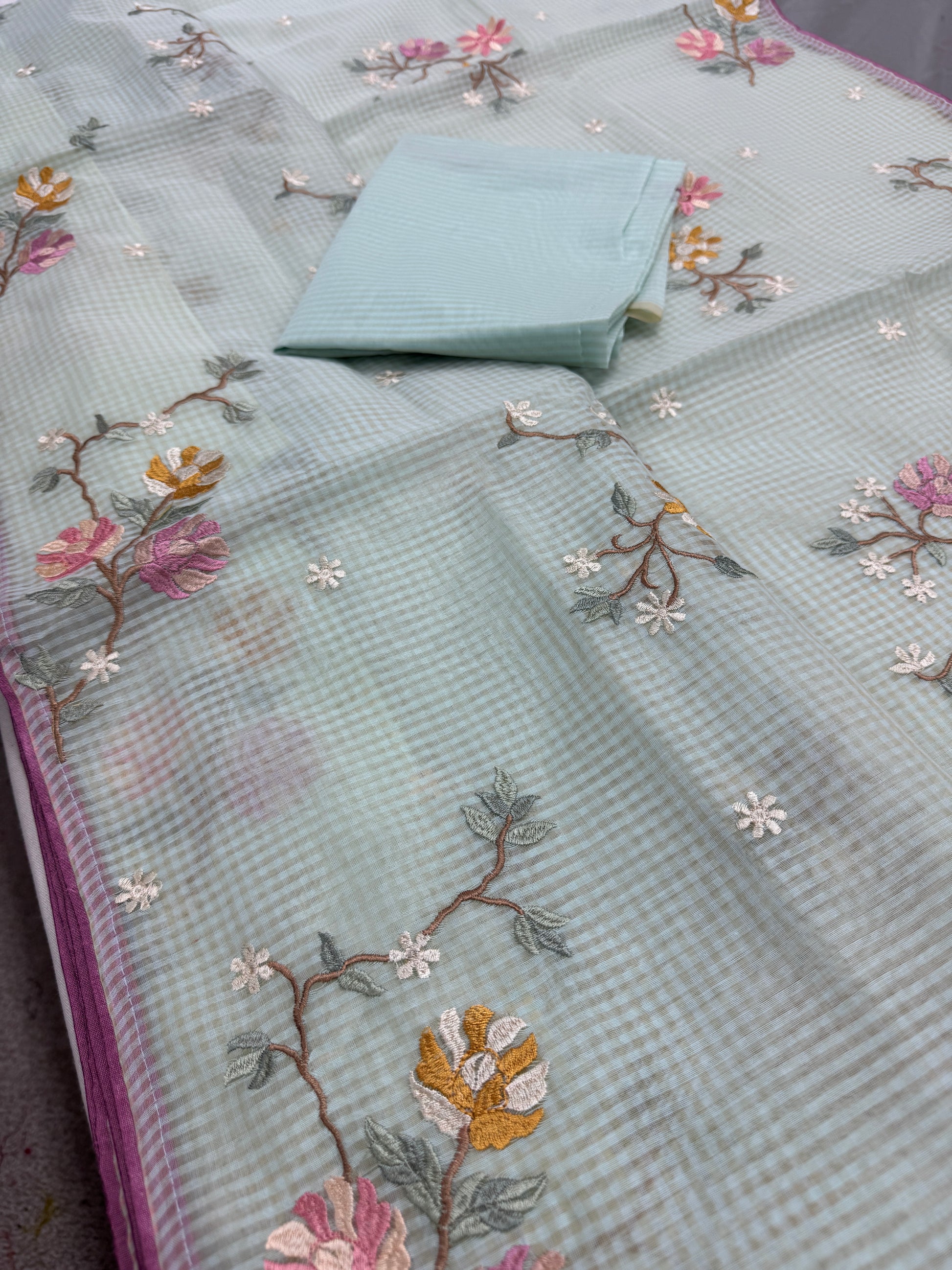 Damini | Sea Green Floral Embroidery Blended Cotton Kota Saree image 2