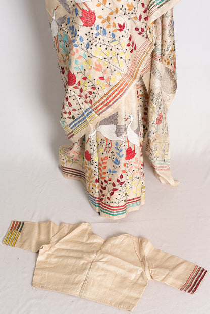 Kala: Kantha Stitch Hand Embroidery Gachi Tussar Saree with Stitched Blouse image 2