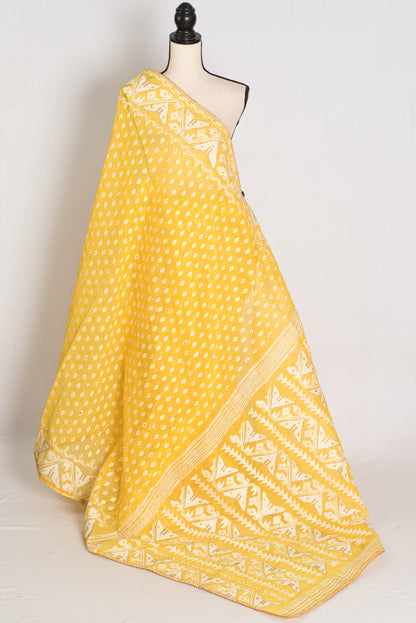 Gita – Bright Yellow and White Blended Cotton Jamdani Saree image 1