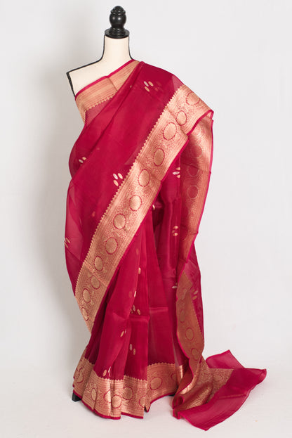 Noor : Silk Mark Certified Reddish Pinkish Red Organza Banarasi Saree with Gold image 0