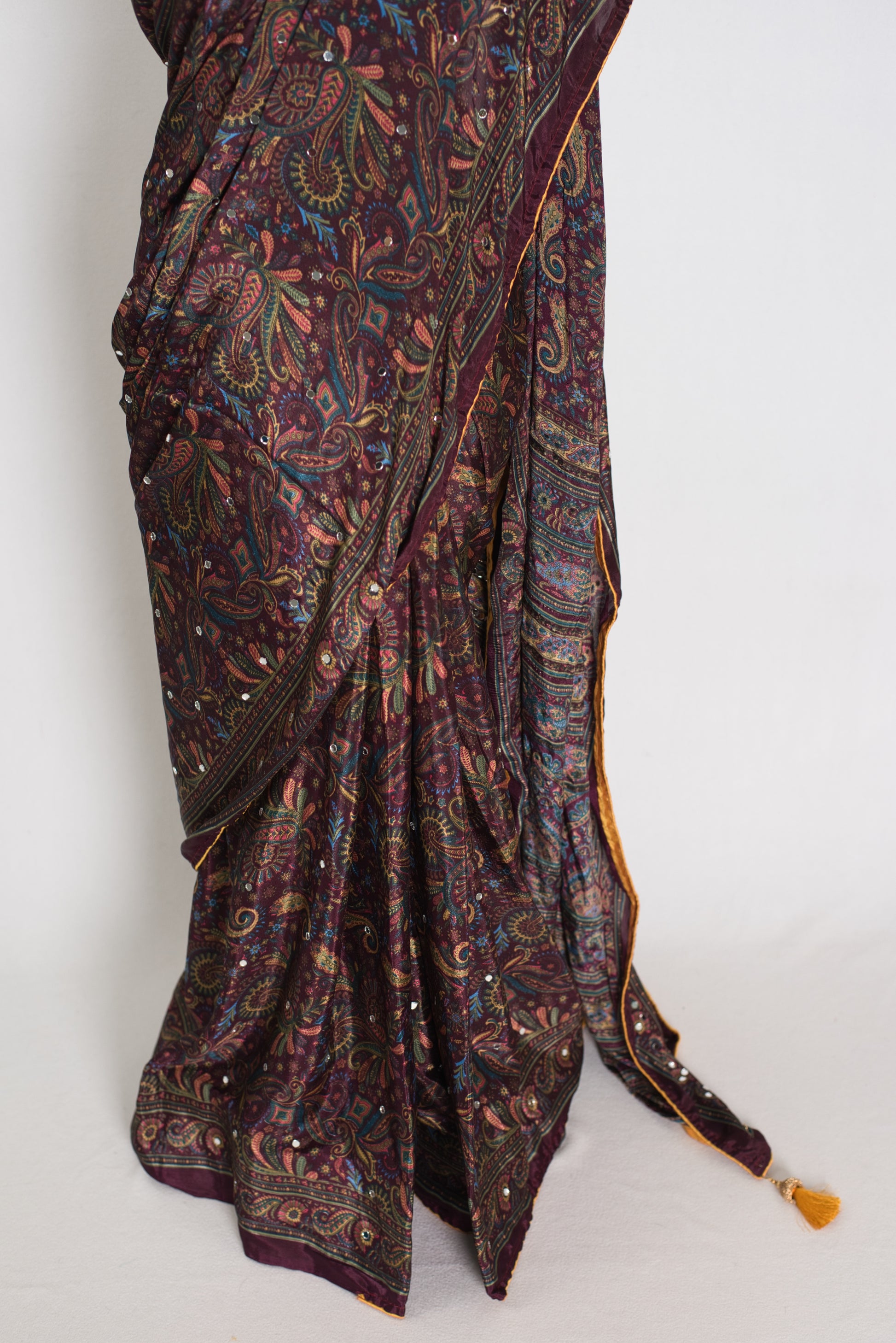 Nirja | Purple Kalamkari Printed Mirror Work Saree | Soft Semi Modal Silk image 5