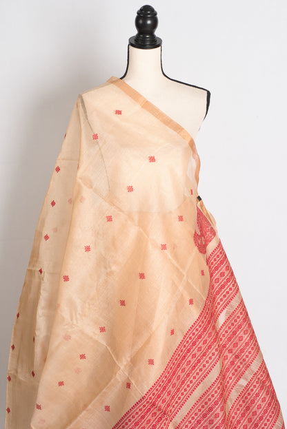 Anwesha : Bengal Handloom Tussar Silk Saree in Beige and Red image 4