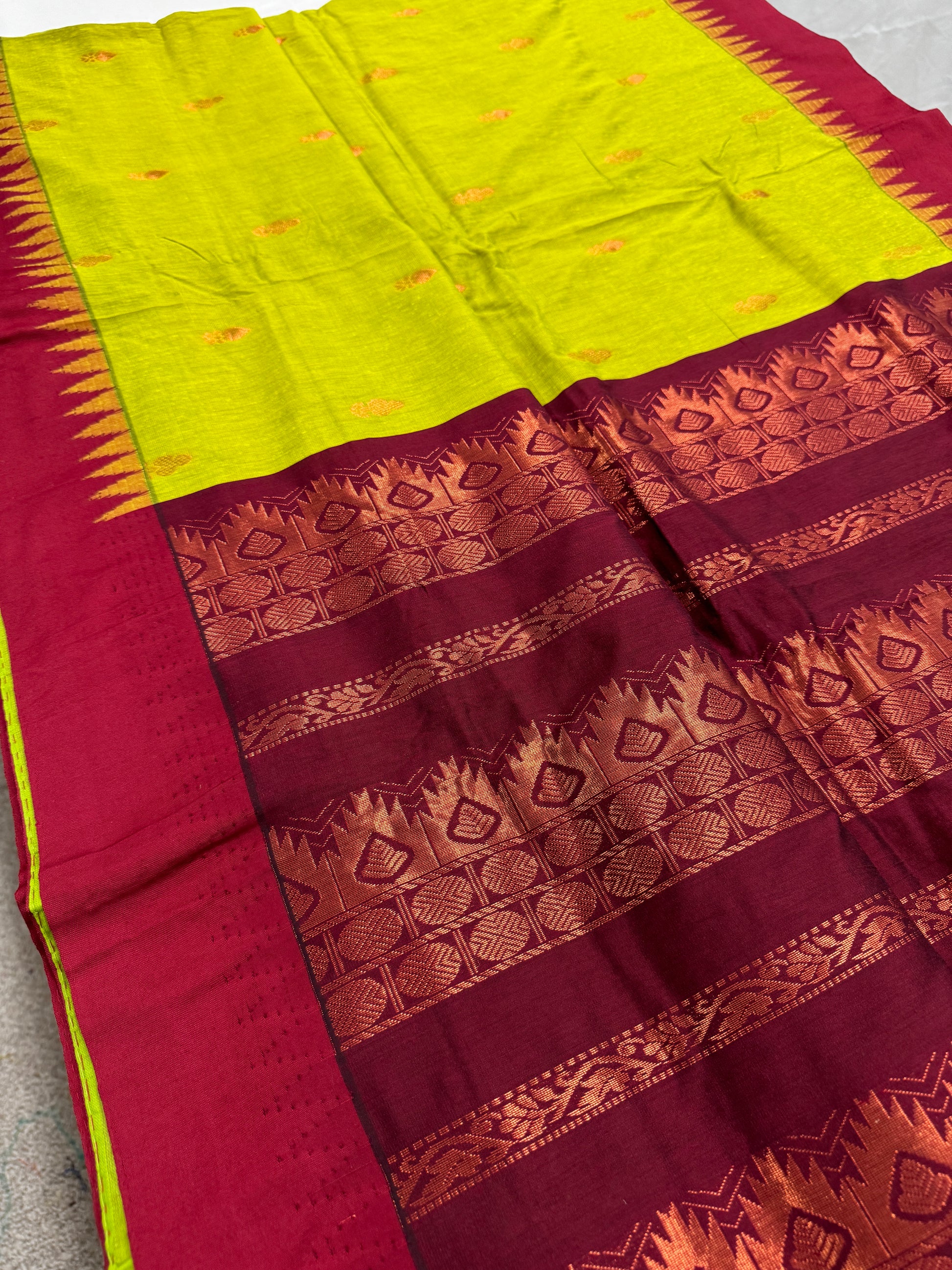 Jaya : Blended Cotton Gadwal Saree in Parrot Green and Red image 1