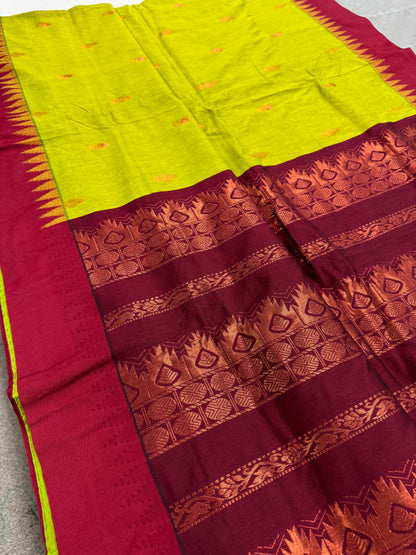 Jaya : Blended Cotton Gadwal Saree in Parrot Green and Red image 1