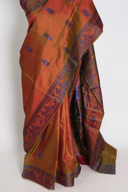 Nita | Brown and Blue Handwoven Baluchari Silk Saree with Blue Minakari Detail image 5