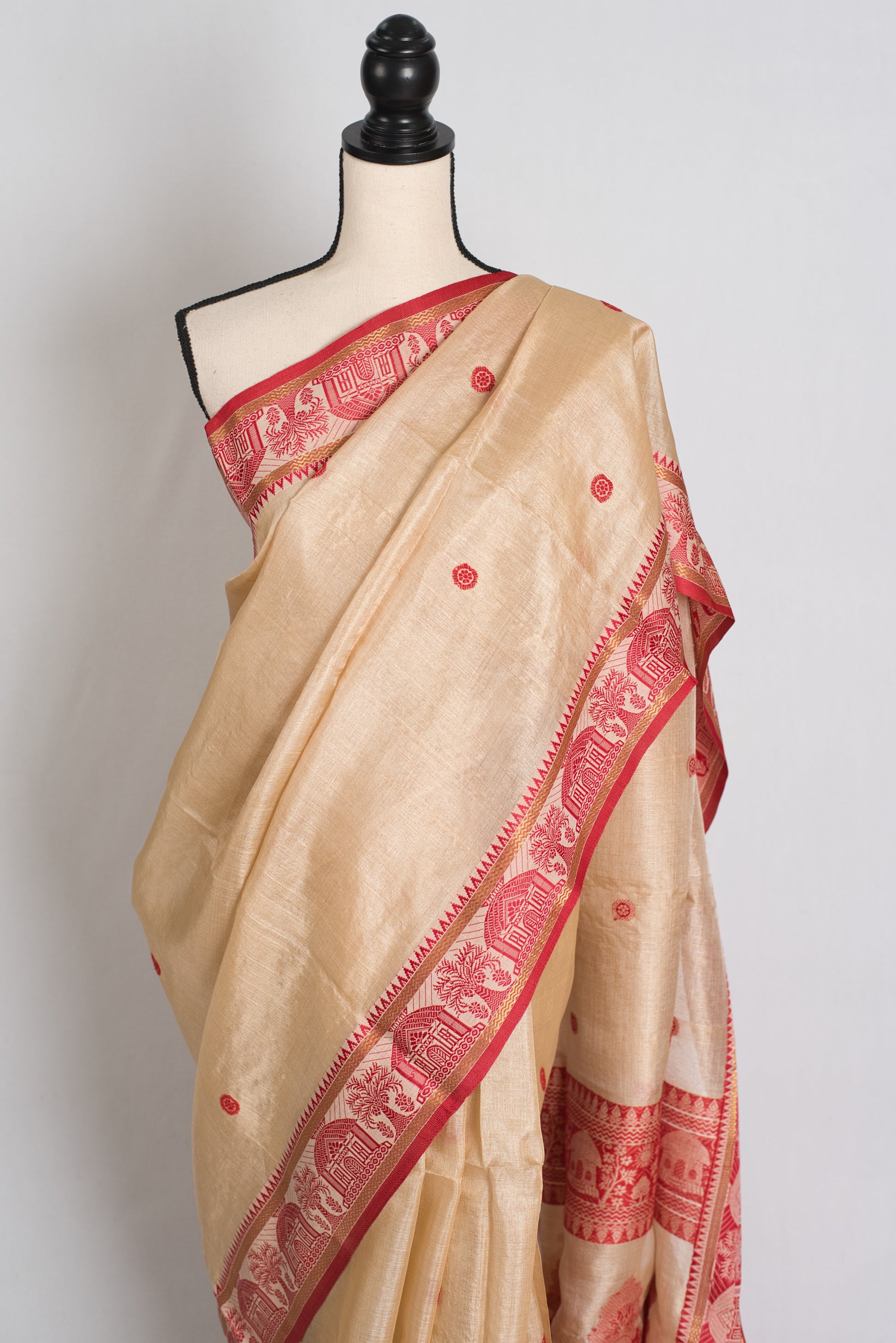 Lopamudra : Bengal Tussar Silk Saree in Beige and Red with Nakshi Border image 5