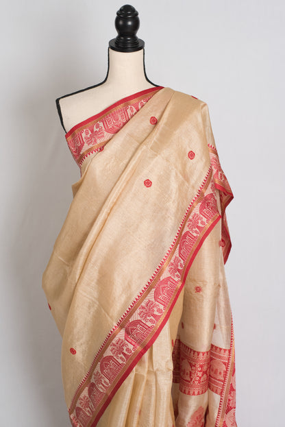 Lopamudra : Bengal Tussar Silk Saree in Beige and Red with Nakshi Border image 5