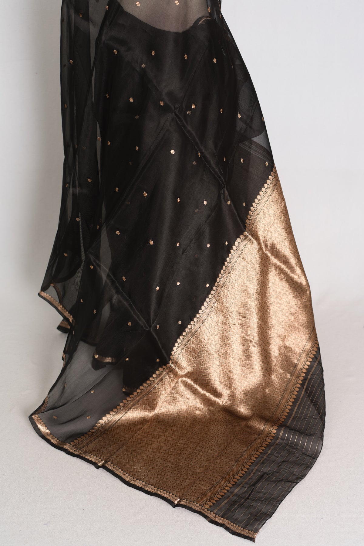 Black and Antique Gold Banarasi saree — detail view
