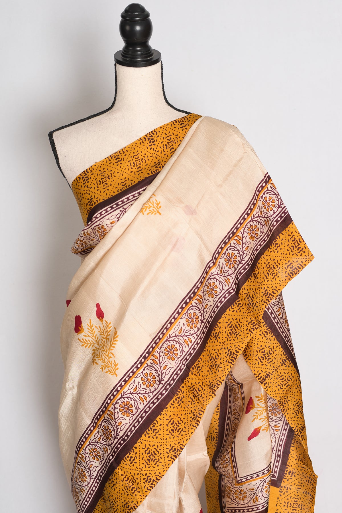 Mati : Cream and Mustard Yellow Printed Pure Silk Saree with 38 Size Blouse image 4