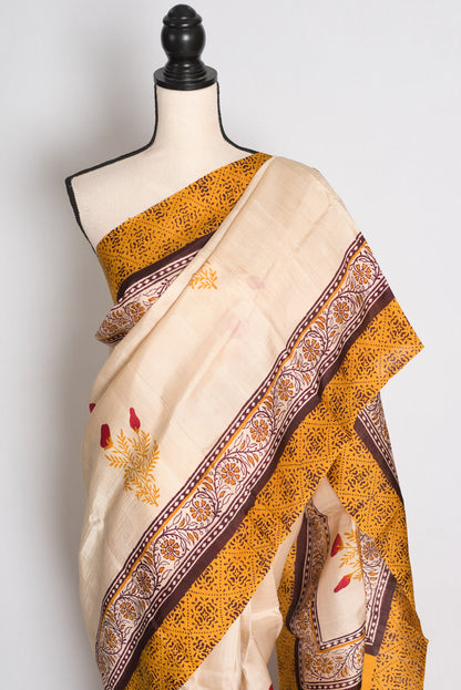 Mati : Cream and Mustard Yellow Printed Pure Silk Saree with 38 Size Blouse image 4