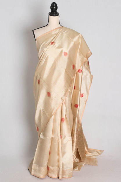 Cream and Red Banarasi saree — view