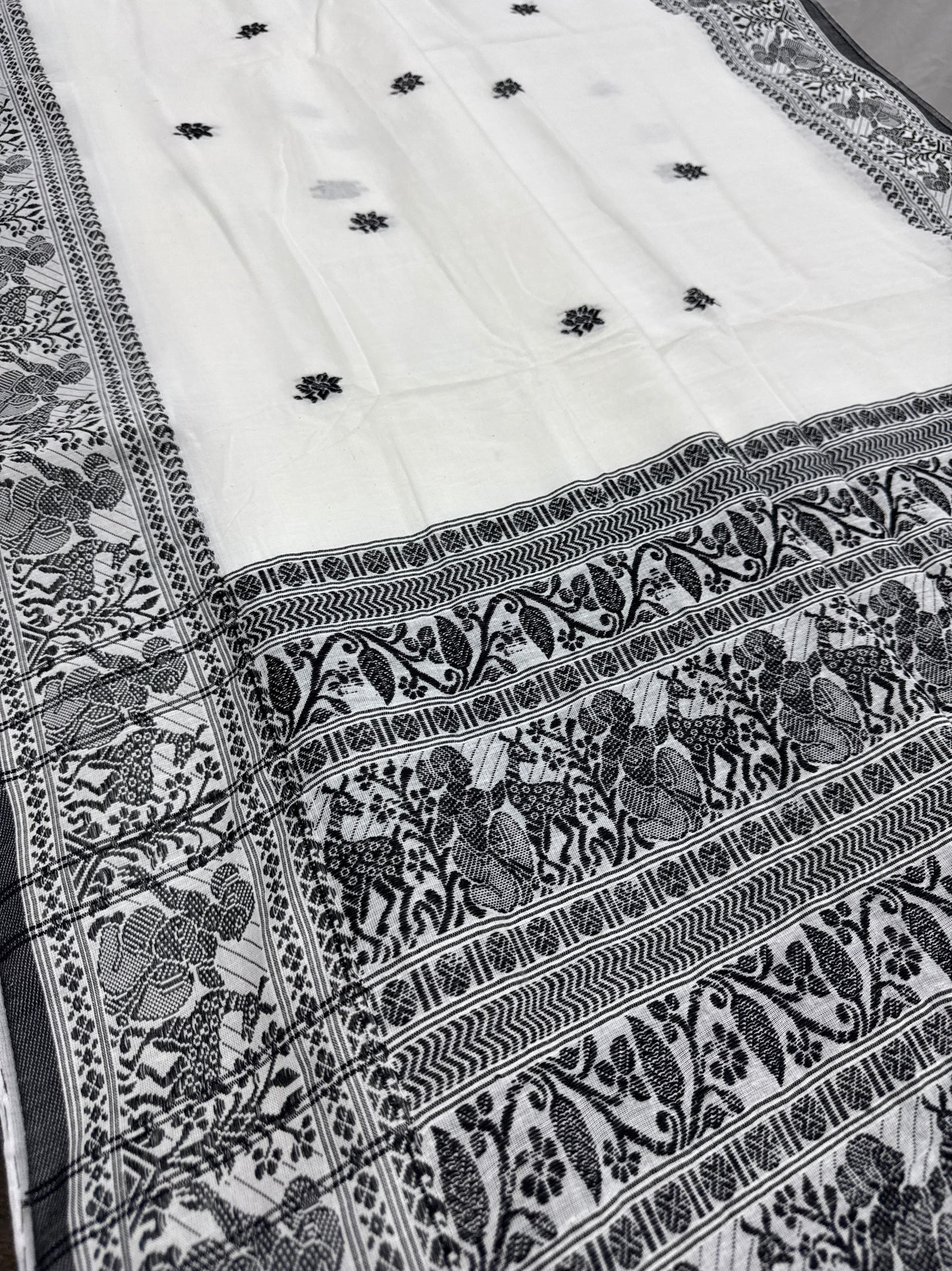 Nandini : Off-White and Black Soft Cotton Baluchari Saree with Blouse Piece image 0
