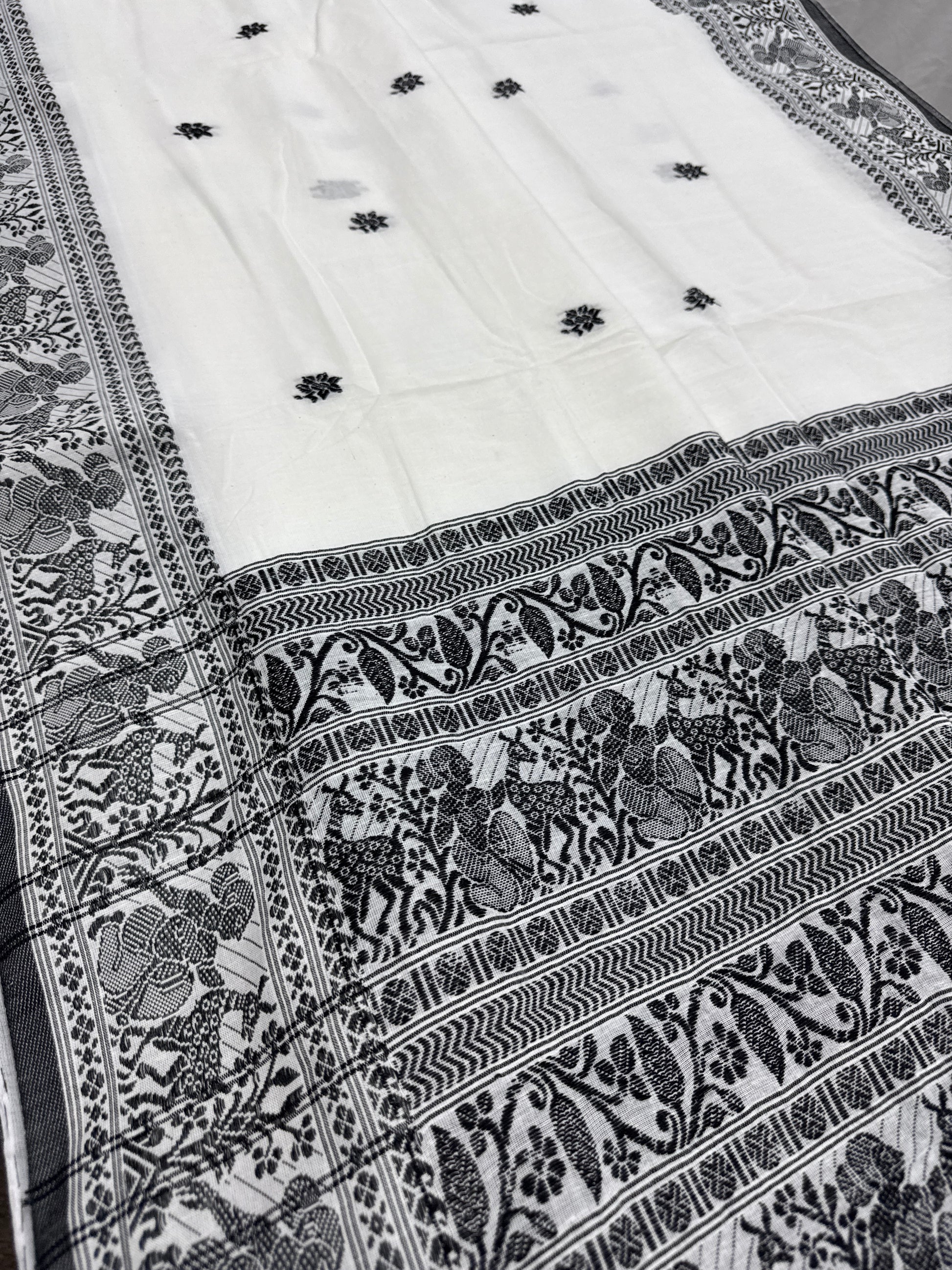 Nandini : Off-White and Black Soft Cotton Baluchari Saree with Blouse Piece image 0