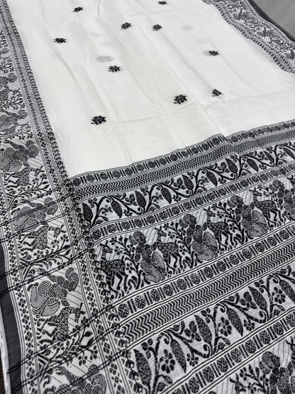 Nandini : Off-White and Black Soft Cotton Baluchari Saree with Blouse Piece image 0