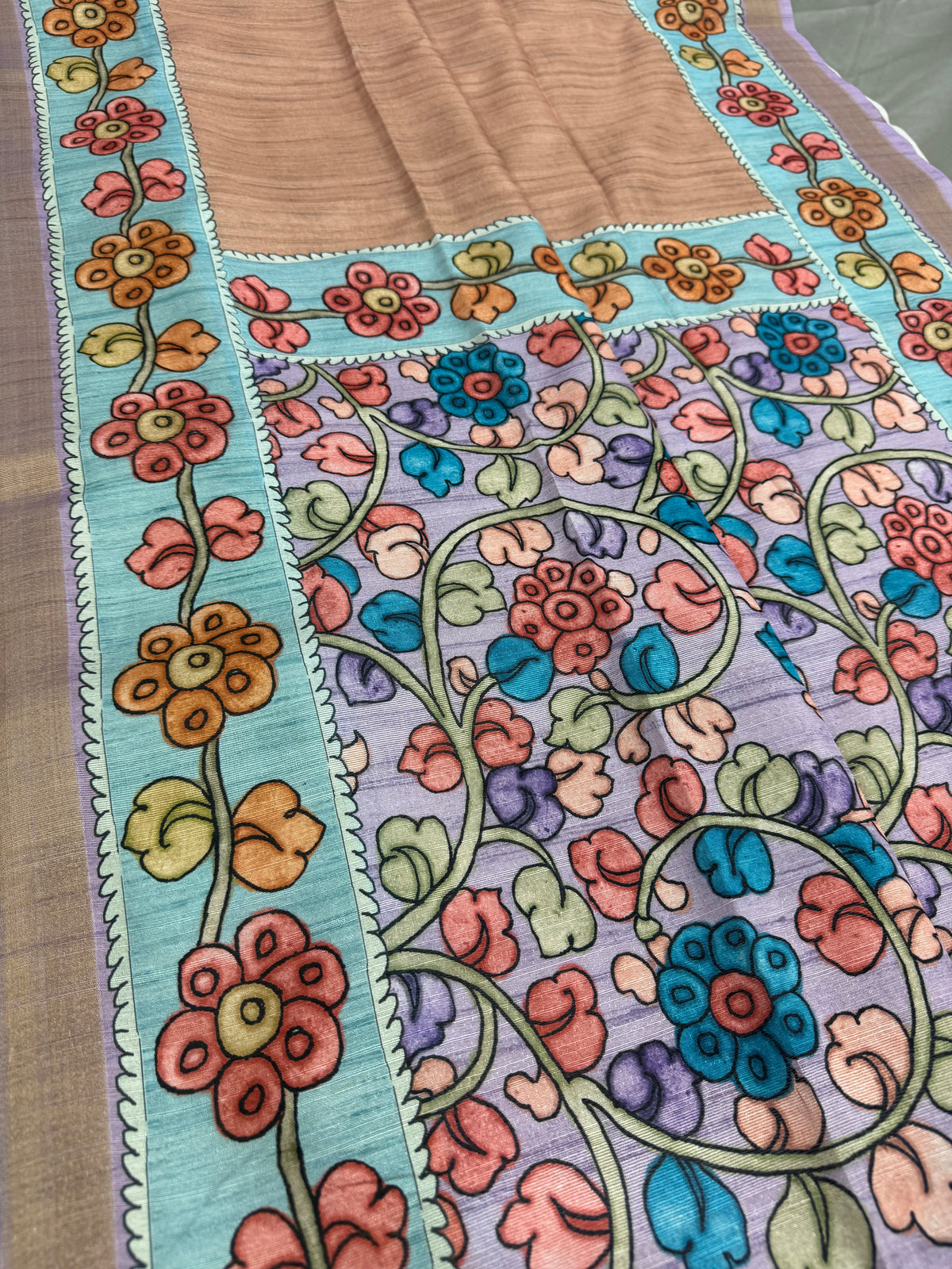 Brinda: Rustic Brown & Cerulean Blue Semi Tussar Saree | Floral Kalamkari Print image 4
