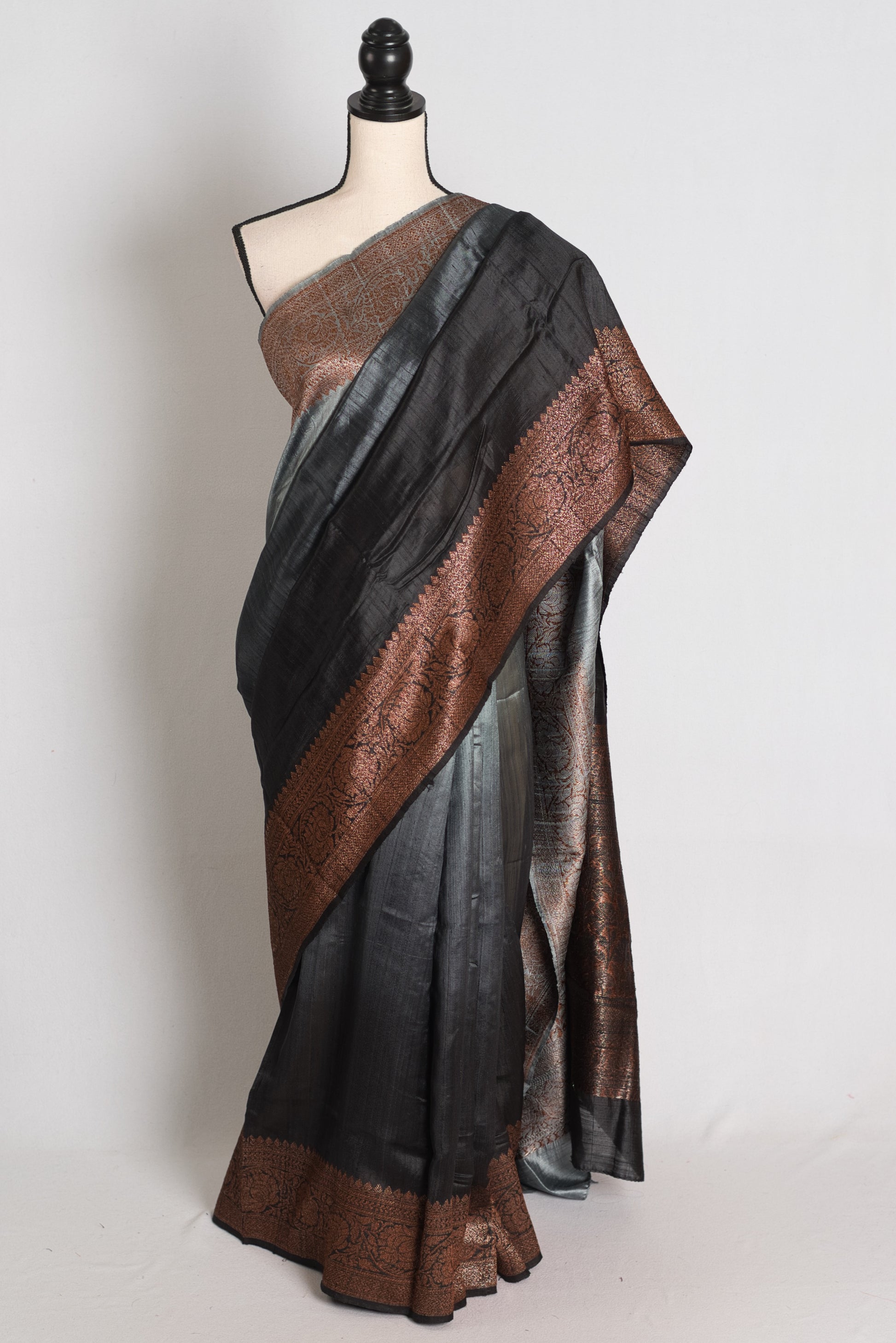 Nadia :Grey & Black Ombre Raw Silk Valkalam Banarasi Saree | Silk Mark Certified image 0