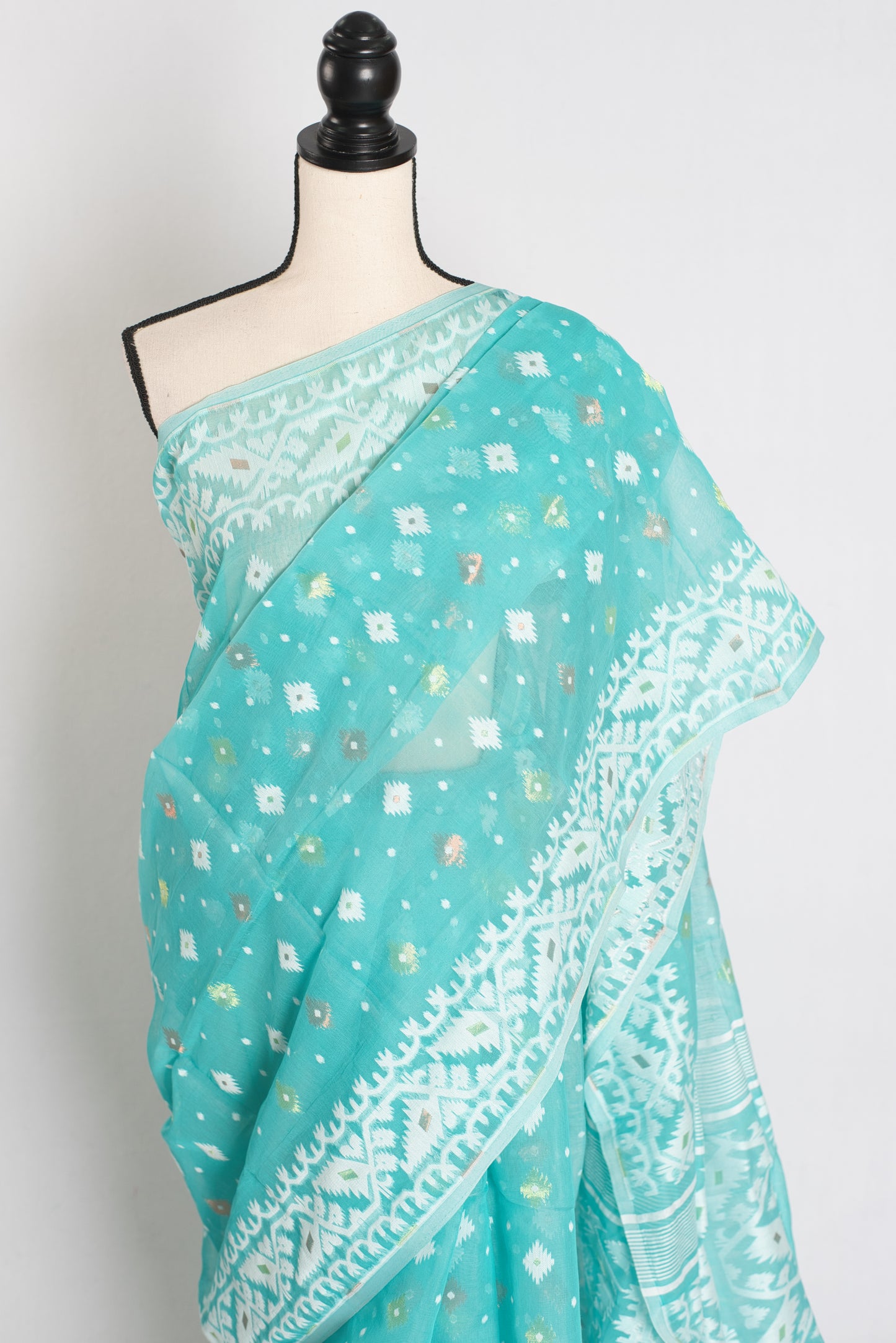Subha : Sea Blue Blended Soft Cotton Jamdani Bengali Saree image 2