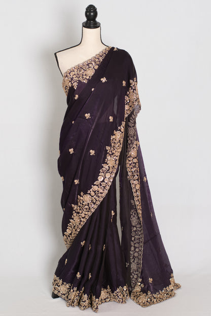 Priya | Deep Purple Tissue Saree | Stitched Size 38 Blouse (Adjustable to 40) image 0