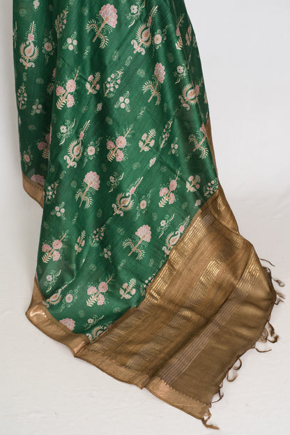 Ahalya | Forest Green Pure Muga Tussar Silk Saree | Contemporary Abstract Prints image 3