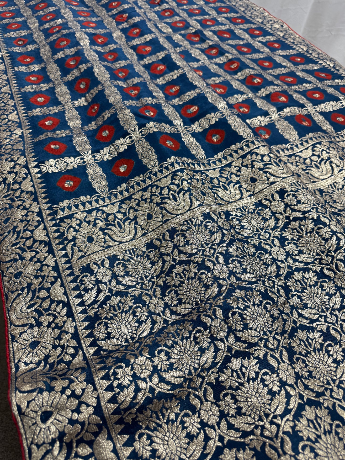 Parul | Dark Blue & Red Gharchola Banarasi Saree | Silver Zari Dola Silk image 5