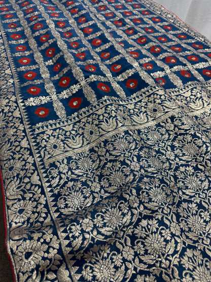Parul | Dark Blue & Red Gharchola Banarasi Saree | Silver Zari Dola Silk image 5