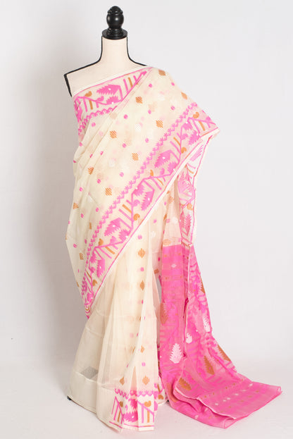 Soma : Off White and Pink Blended Soft Cotton Jamdani Bengali Saree image 0