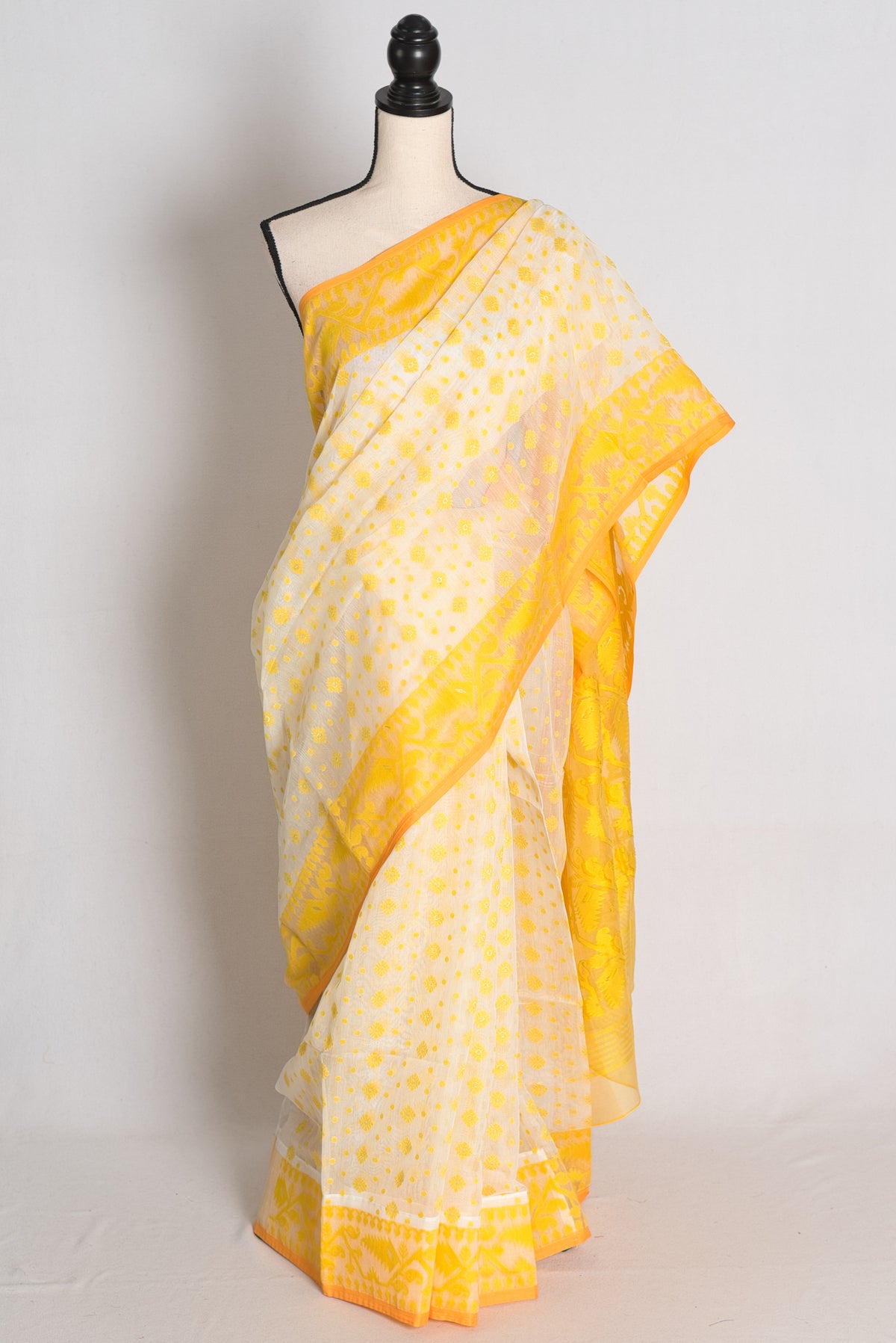 Off White and Yellow Jamdani saree — view