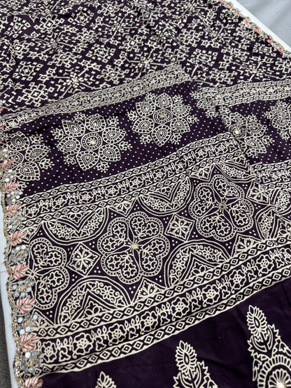 Zehra : Burgundy Modal Silk Ajrakh Saree with Hand Embroidery Saree image 4