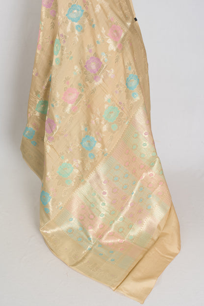 Mahi: Off-White & Gold Soft Muga Cotton Silk Saree | Floral Banarasi Weave image 3