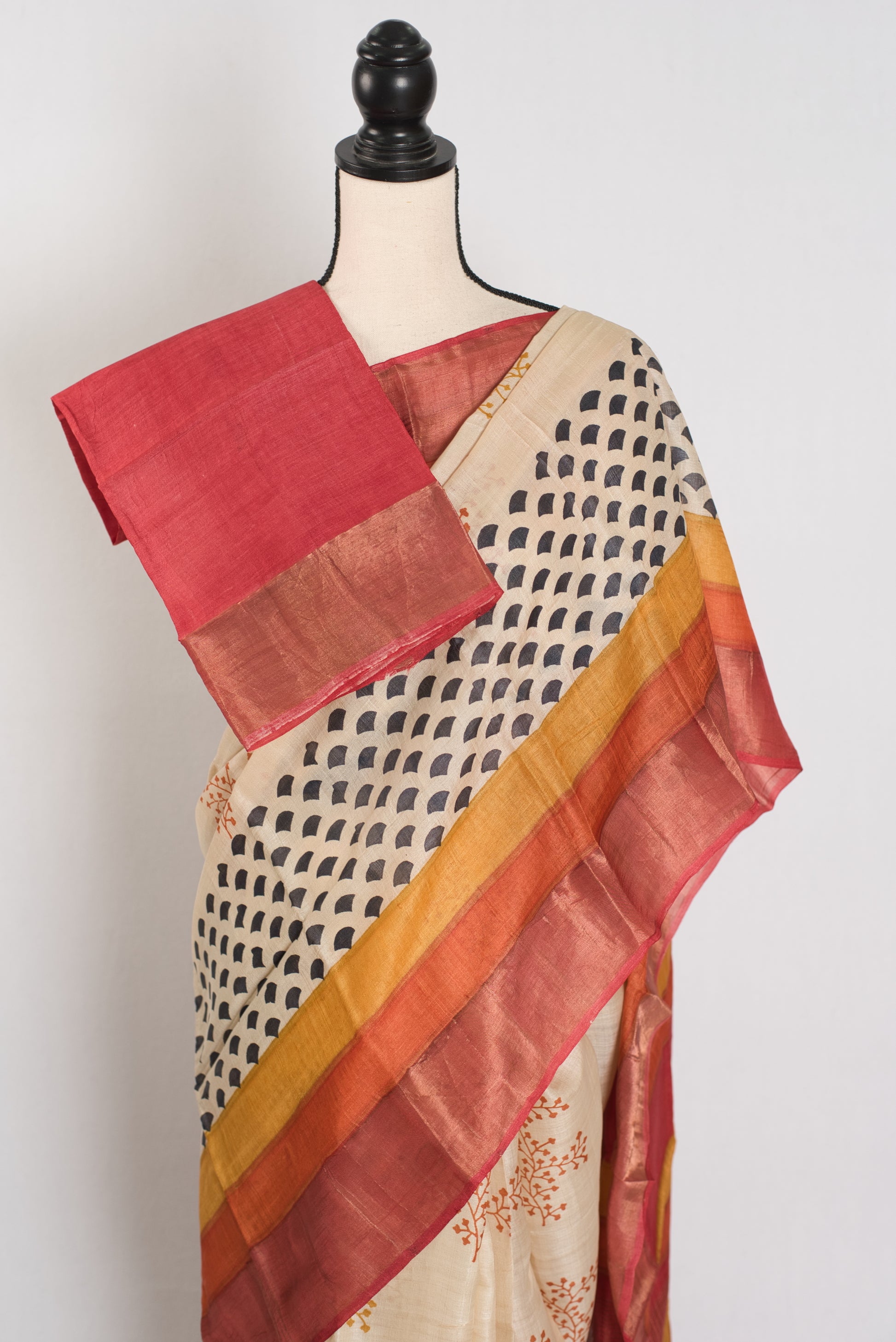 Madhavi: Beige & Rust Hand Block Printed Bengal Tussar Silk Saree image 2