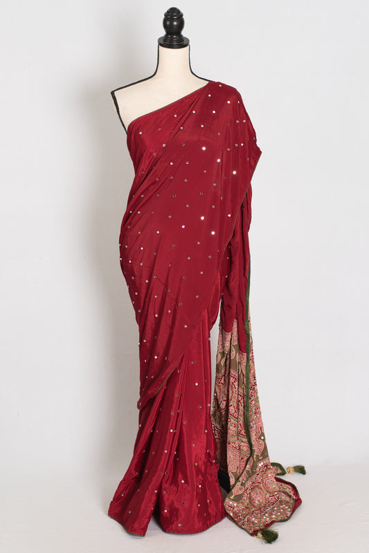 Mouli | Brick Red Mirror Work Partywear Ajrakh Saree | Soft Semi Modal Silk image 0
