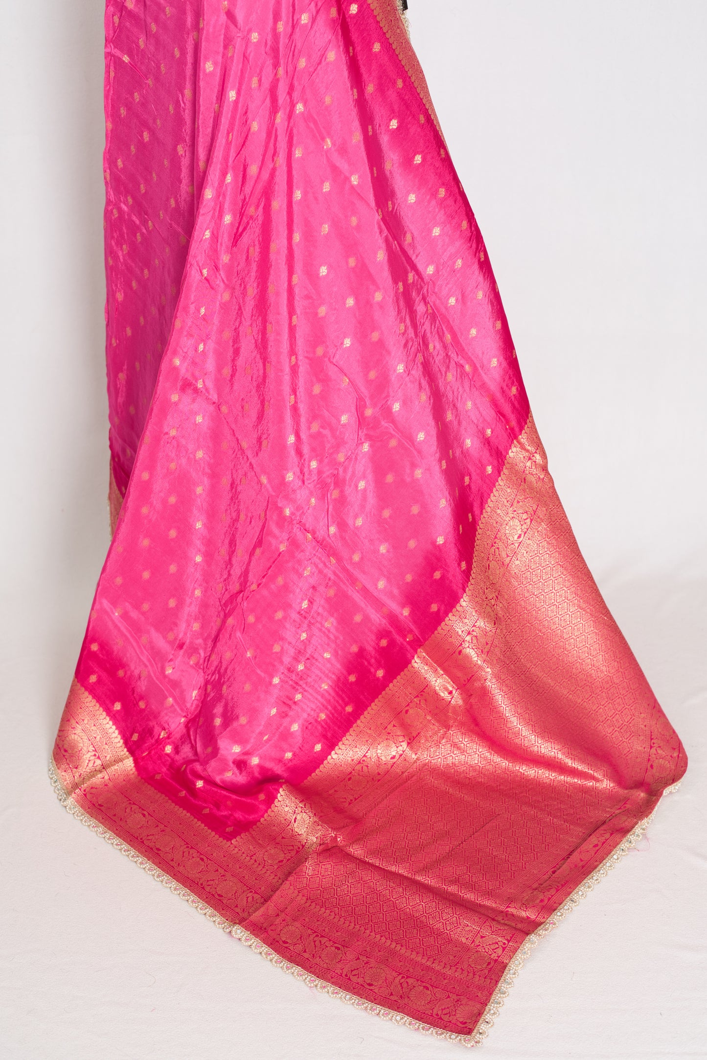 Abira | Pink & Gold Dola Silk Banarasi Saree | Designer Stitched Lace Border image 3