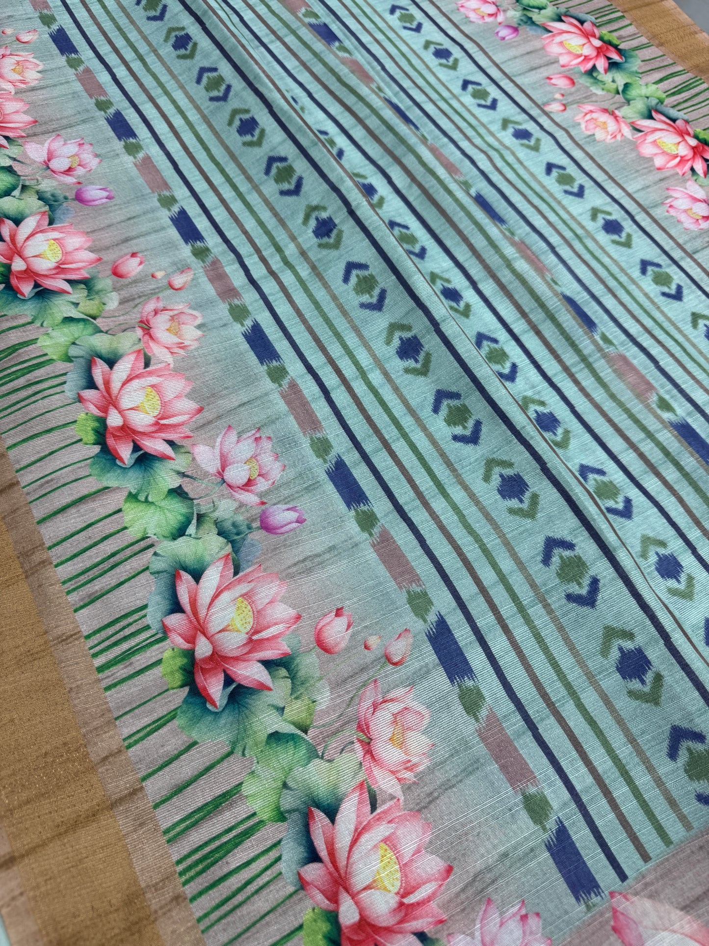 Soma | Sea Green & Earthy Brown Ikkat Fusion Semi Tussar Saree image 1