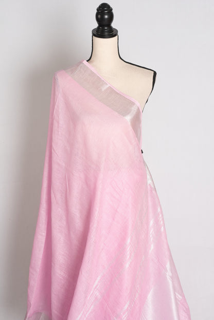 Girija : Baby Pink Pure Linen Saree with Silver Zari Border image 4