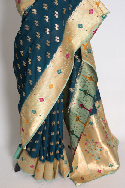 Sangiya: Blue Paithani Semi Silk Saree with Light Blue Border image 5