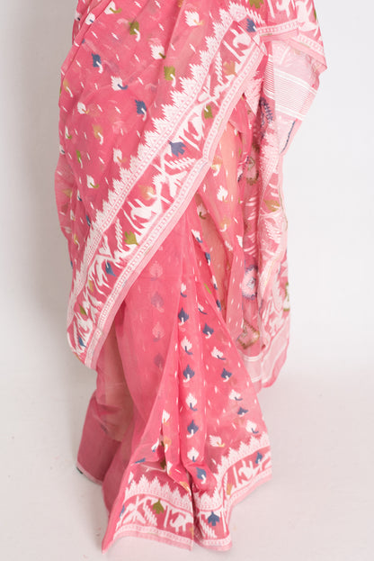 Sreya : Pink and White Blended Soft Cotton Jamdani Bengali Saree image 4