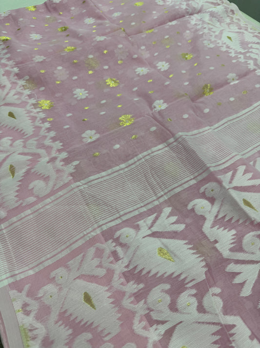 Sanchita : Baby Pink and Gold Blended Soft Cotton Jamdani Saree image 0