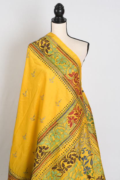 Anwesha : Silk Mark Certified Yellow Hand Embroidery Kantha Stitch Silk Saree image 3