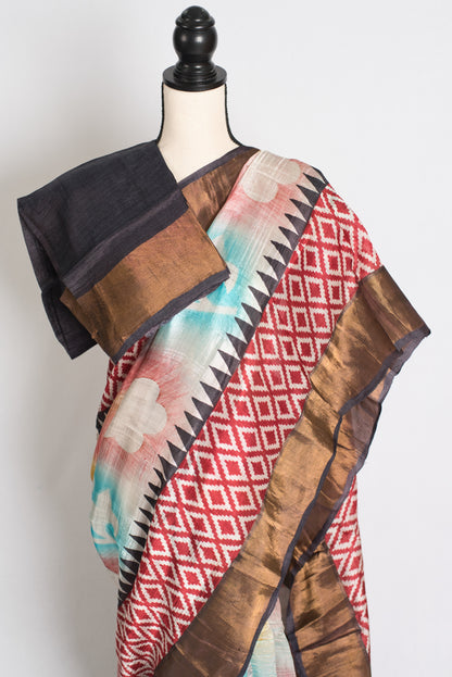 Mrinal : Hand Block Printed Matka by Tussar Silk Saree with Shibori Ikkat Print image 2