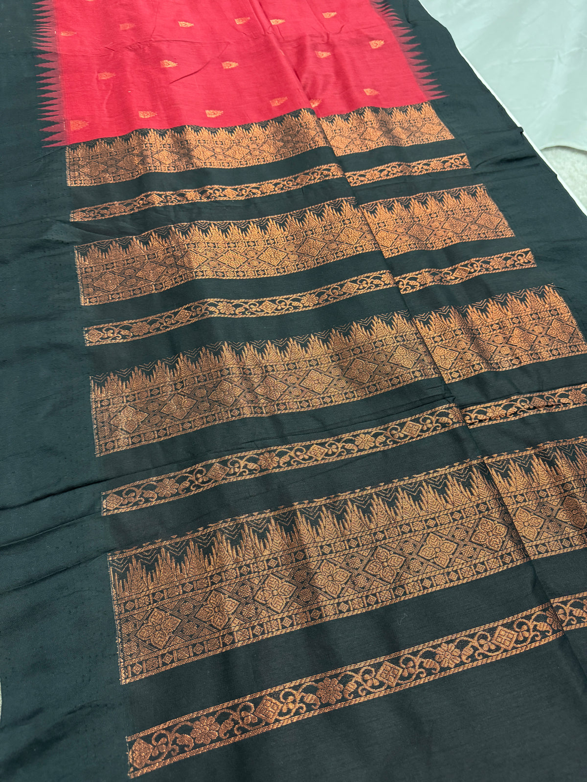 Dhriti: Dark Red Blended Cotton Gadwal Saree with Black Zari Border image 1