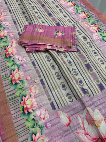 Rai | Off White & Lavender Ikkat Fusion Semi Tussar Saree image 3