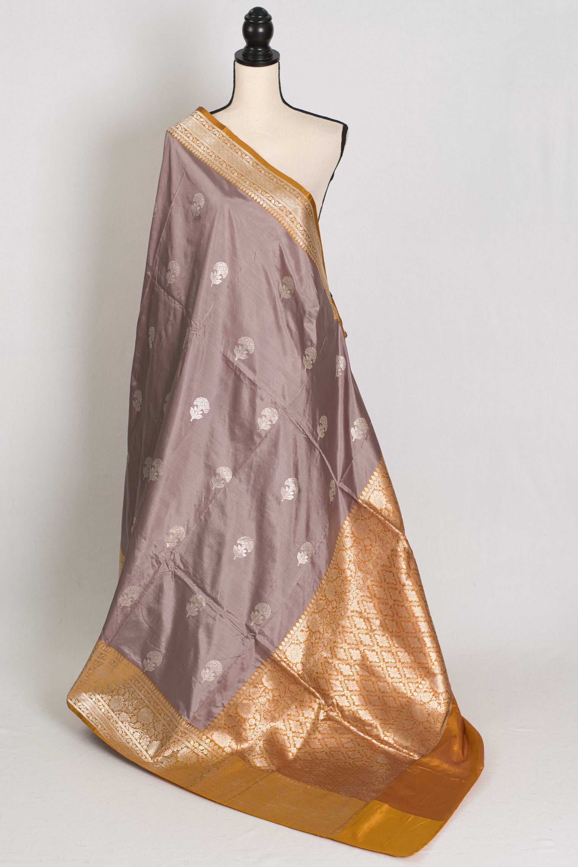 Basuri : Certified Silk Banarasi Saree in English Brown with Silver Zari image 1