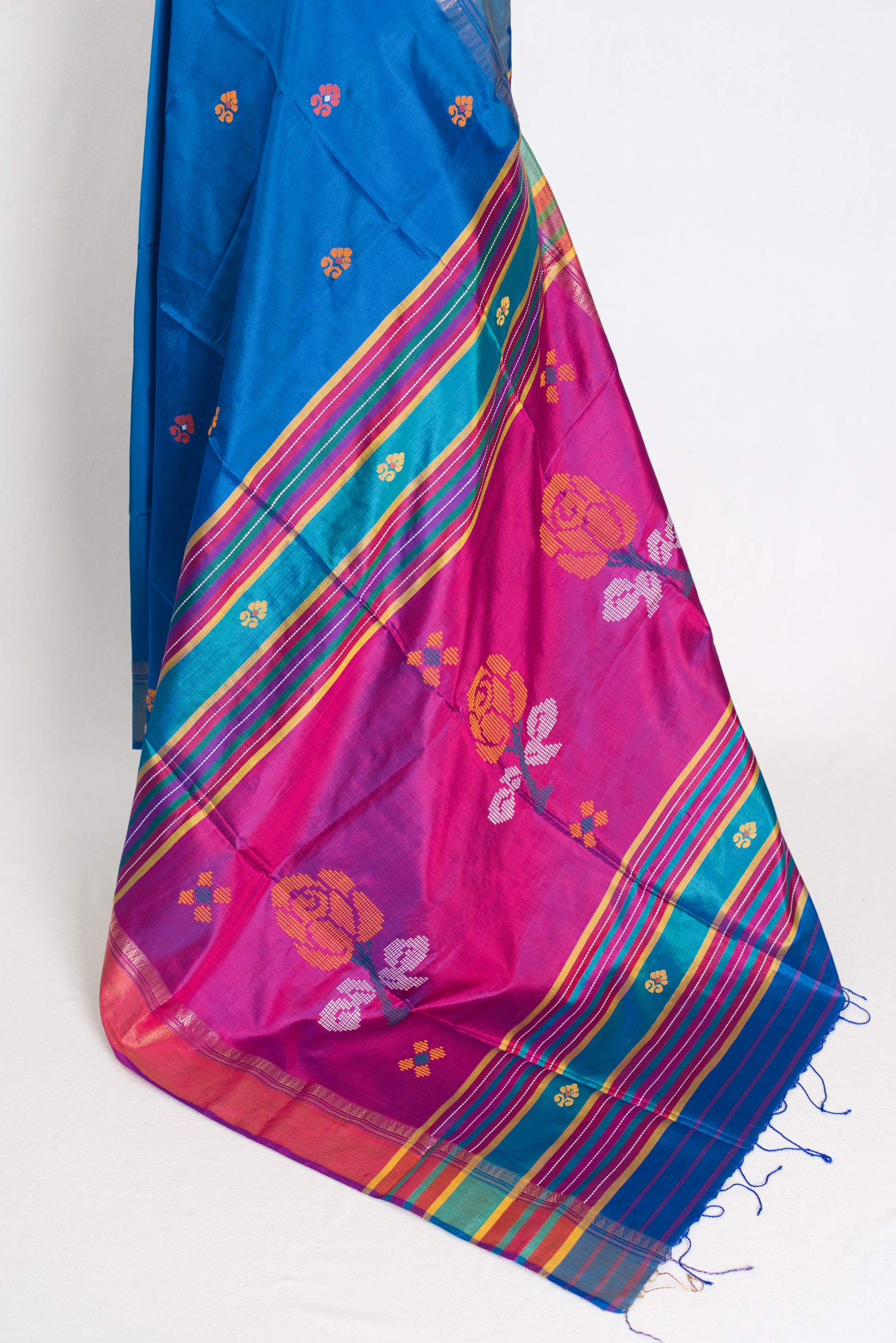 Rashmi : Lightweight Bishnupur Katan Silk Saree in Peacock Blue and Purple image 3